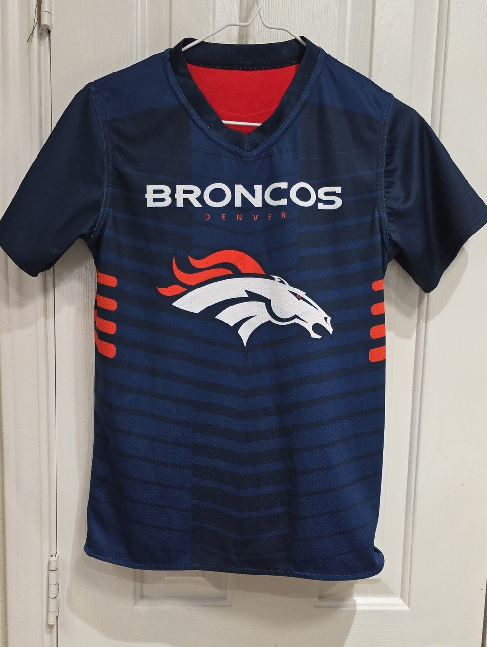 NFL Broncos Denver Youth Navy Blue Team Logo Short Sleeve TEE Reversible SZ L